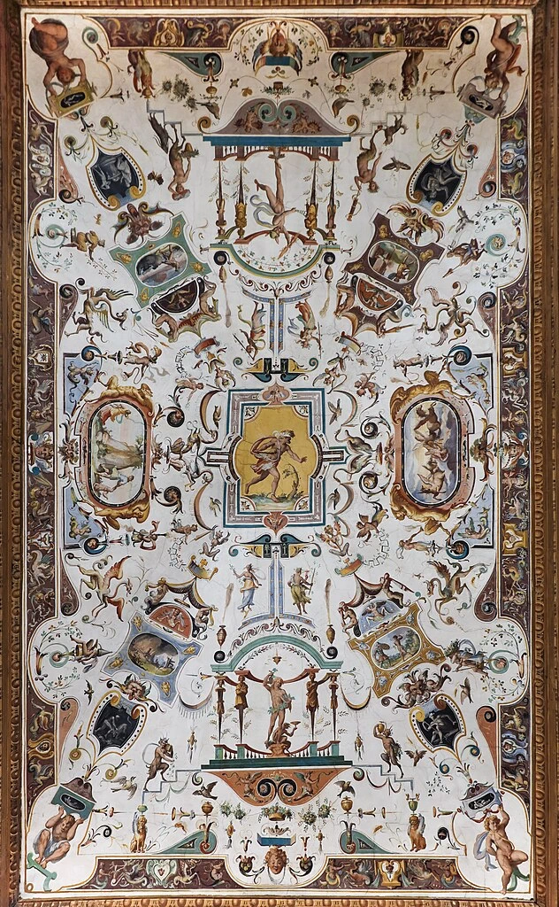 317-grottesche della volta del corridoio di levante. Il Furore, Bacco, Mercurio - Galleria degli Uffizi, Firenze